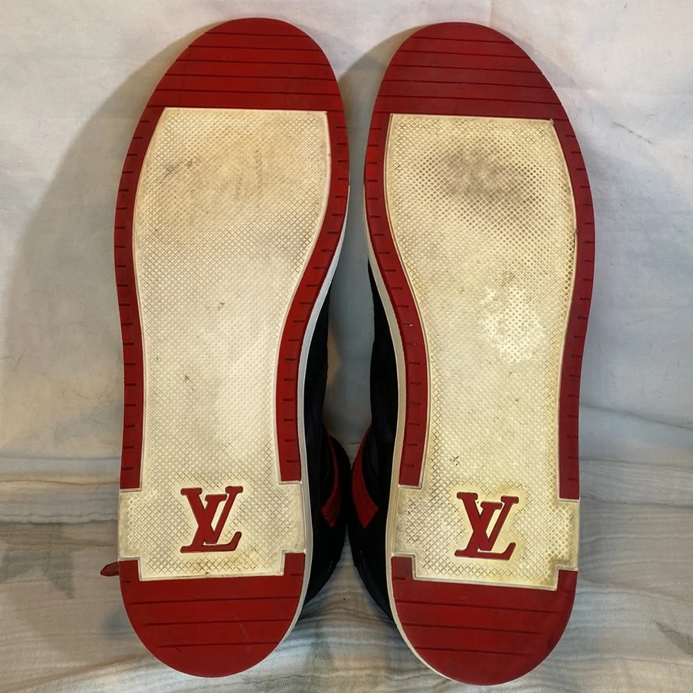 Louis Vuitton High Top Sneakers Black Suede Colorblock Pattern Red buckle white - Picture 5 of 9
